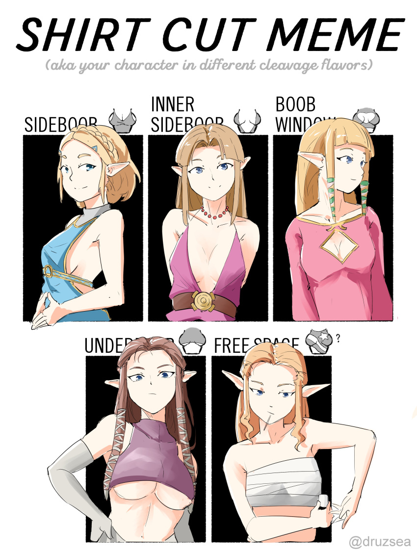 5girls absurdres alternate_costume automatic_giraffe blue_eyes breasts brown_hair cleavage dress english_commentary head_tilt highres in_mouth long_hair looking_at_viewer looking_down looking_to_the_side low_neckline meme multiple_girls multiple_persona pointy_ears princess_zelda purple_dress sarashi shirt_cut_meme sideboob sidelocks small_breasts smile the_legend_of_zelda the_legend_of_zelda:_a_link_between_worlds the_legend_of_zelda:_breath_of_the_wild the_legend_of_zelda:_breath_of_the_wild_2 the_legend_of_zelda:_skyward_sword the_legend_of_zelda:_twilight_princess underboob