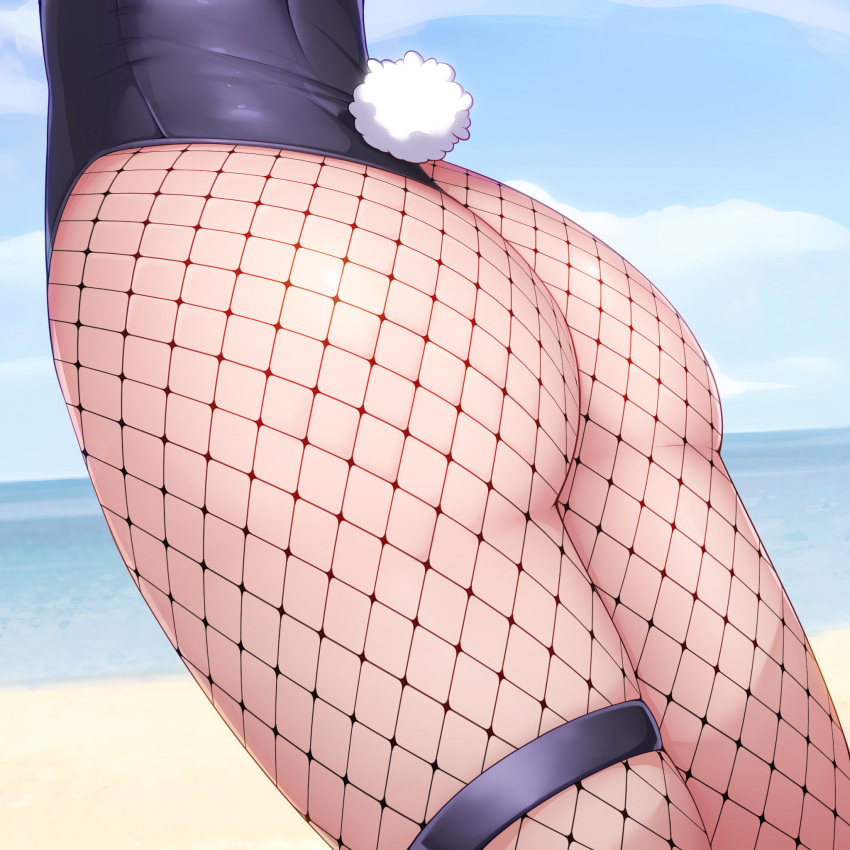 1girl ass ass_focus beach black_leotard bunny_tail cloud day english_commentary fake_tail fishnet_legwear fishnets highres leotard merrytail ocean original outdoors pantyhose sky solo tail thigh_strap