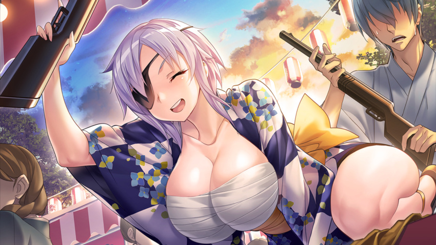 1boy 2girls action_taimanin aina_winchester arm_up breasts cleavage closed_eyes cloud eyebrows_visible_through_hair eyepatch faceless faceless_male festival fire floral_print game_cg gun highres holding holding_gun holding_weapon huge_breasts japanese_clothes kimono lantern leg_up multiple_girls night night_sky obi rifle sandals sarashi sash short_hair sky smile star_(sky) taimanin_(series) toy_gun tree weapon white_hair yukata