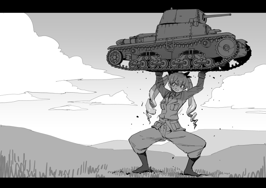 1girl anchovy_(girls_und_panzer) anzio_military_uniform arms_up bangs belt boots cloud cloudy_sky commentary day dress_shirt drill_hair frown girls_und_panzer greyscale grimace ground_vehicle hair_ribbon highres jacket knee_boots letterboxed lifting_cars long_hair long_sleeves looking_at_viewer military military_uniform military_vehicle monochrome motor_vehicle necktie pants ribbon sam_browne_belt shirt sky solo standing struggling sweatdrop tank twin_drills twintails ueno_petarou uniform vehicle_request wing_collar