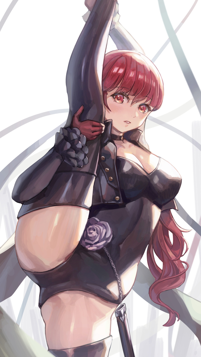 1girl absurdres black_leotard boots breasts choker cleavage coattails gloves highres jacket leg_hold leotard long_hair persona persona_5 red_eyes red_gloves red_hair scabbard sheath smile solo split standing standing_on_one_leg standing_split thigh_boots thighhighs yahiro_(heartseek000) yoshizawa_kasumi