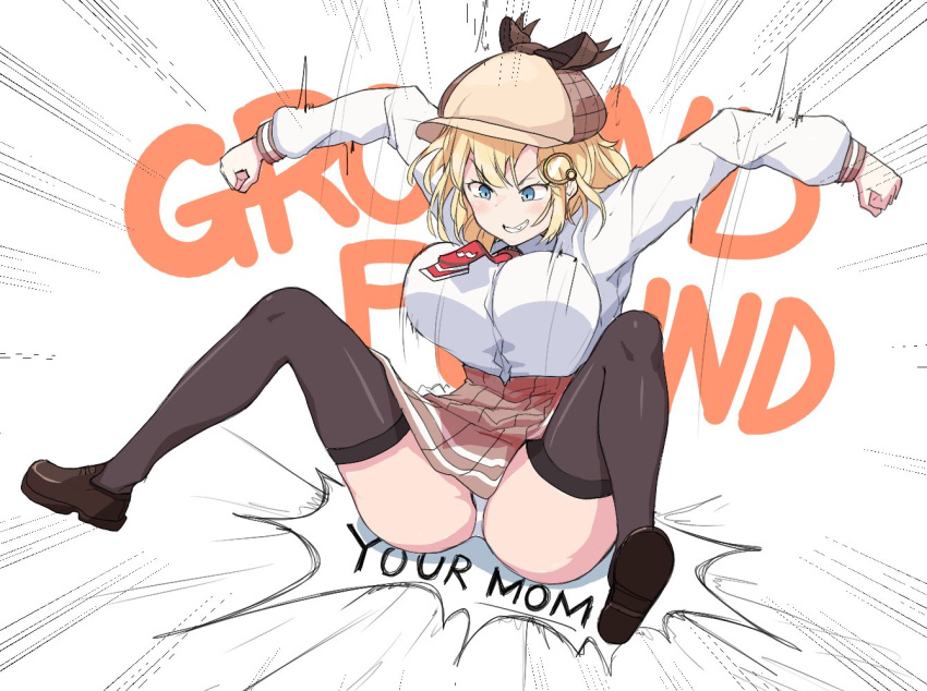 1girl blonde_hair blue_eyes bouncing_breasts breasts brown_headwear brown_skirt clenched_hands collared_shirt detective evil_grin evil_smile falling grin ground_pound hat hololive hololive_english large_breasts md5_mismatch monocle necktie shirt sinensian skirt smile socks thighs watson_amelia white_shirt