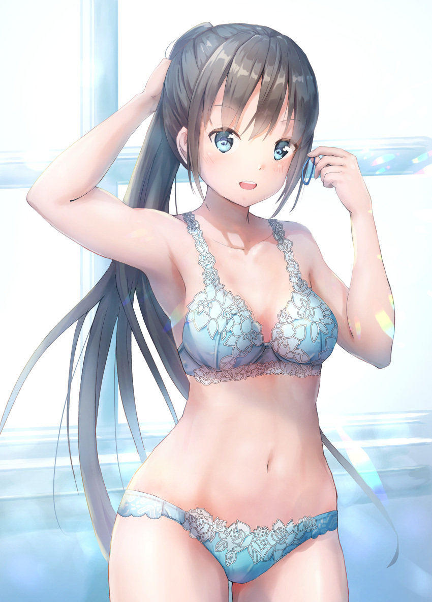 1girl :d absurdres aqua_bra aqua_eyes aqua_panties arm_up armpits bangs bare_arms black_hair bra breasts collarbone cowboy_shot eyebrows_visible_through_hair high_ponytail highres holding kyon_(kyouhei-takebayashi) lens_flare long_hair looking_at_viewer navel open_mouth original panties small_breasts smile solo thigh_gap tying_hair underwear underwear_only upper_teeth window