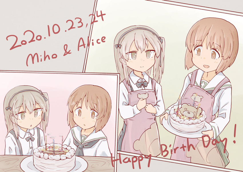 2girls animal_print apron bangs bear_print birthday birthday_cake black_neckwear black_skirt blouse blowing boko_(girls_und_panzer) bow bowtie brown_eyes brown_hair cake candle casual character_name closed_mouth collared_shirt commentary dated english_text eyebrows_visible_through_hair food girls_und_panzer green_skirt happy_birthday high-waist_skirt highres holding holding_plate light_brown_eyes light_brown_hair long_hair long_sleeves looking_at_another miniskirt multiple_girls namakurage neckerchief nishizumi_miho one_side_up ooarai_school_uniform open_mouth parted_lips pink_apron plate pleated_skirt sailor_collar school_uniform serafuku shimada_arisu shirt short_hair skirt smile standing suspender_skirt suspenders white_blouse white_sailor_collar white_shirt