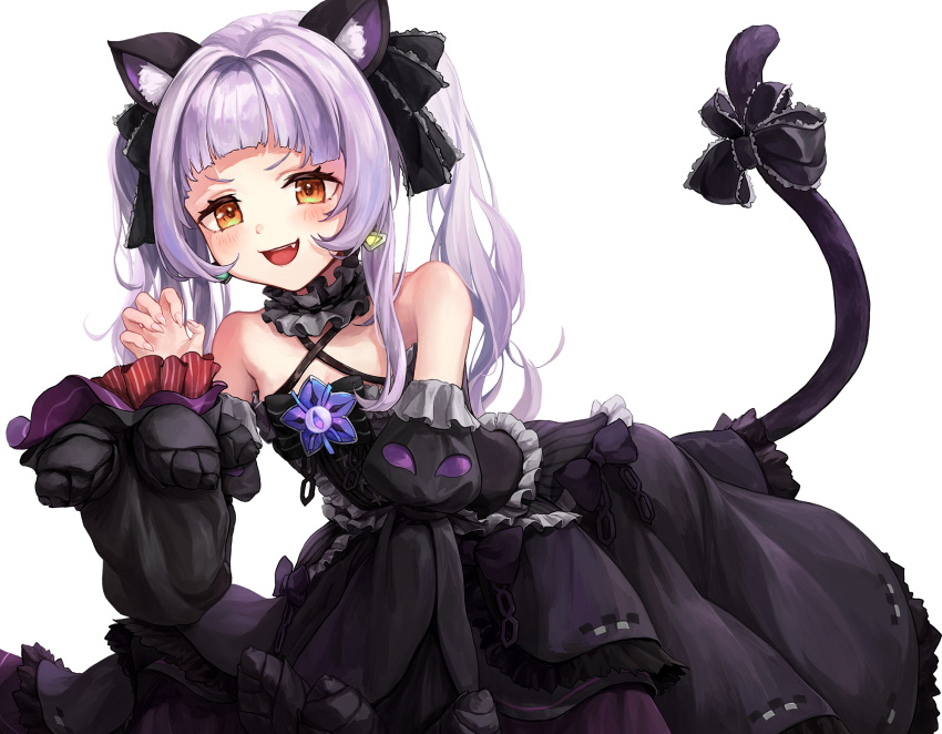 animal_ears blush bow catgirl fang flat_chest goth-loli gray_hair hololive lolita_fashion long_hair murasaki_shion orange_eyes tail takuo twintails white