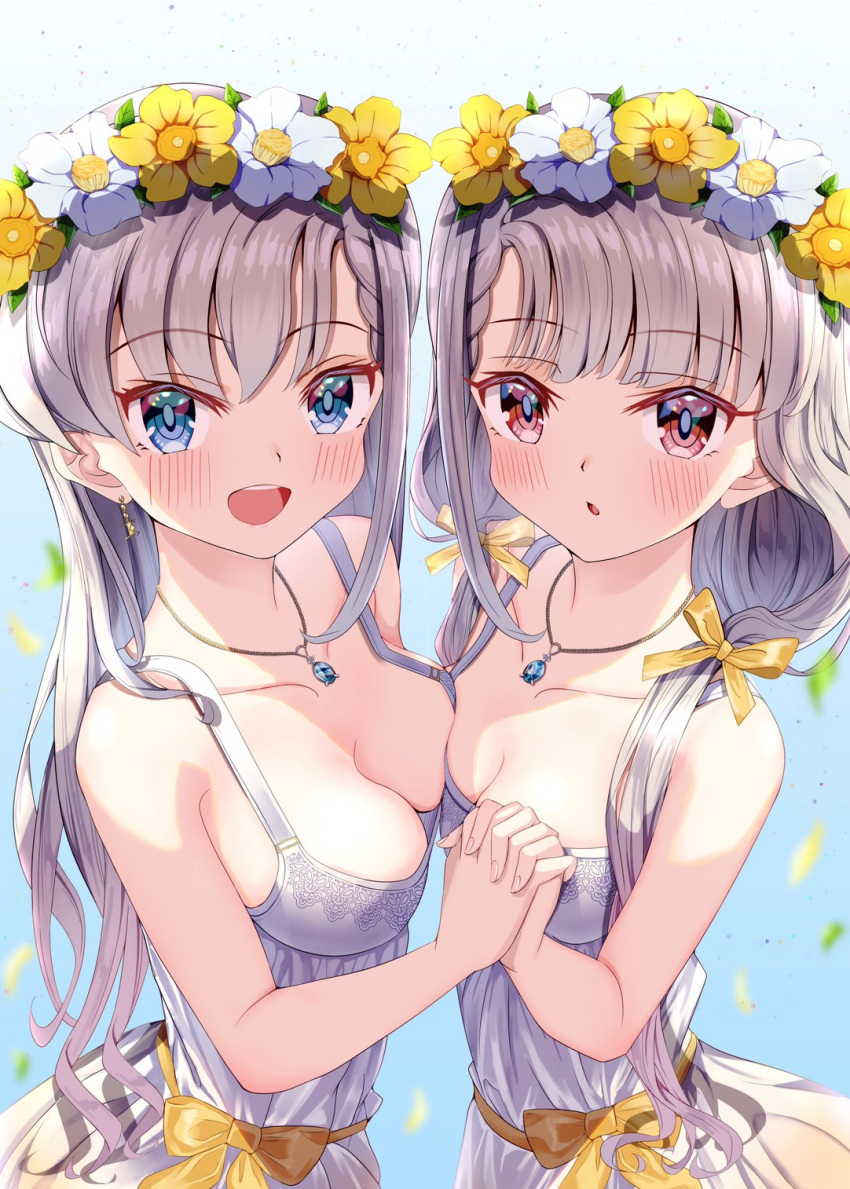 2girls :d :o asymmetrical_docking bangs bare_shoulders blue_background blue_eyes blunt_bangs blush bow breast_press breasts cleavage collarbone commentary_request dress earrings eyebrows_visible_through_hair flower flower_wreath gradient gradient_background hair_ribbon head_wreath highres hisakawa_hayate hisakawa_nagi holding_hands idolmaster idolmaster_cinderella_girls idolmaster_cinderella_girls_starlight_stage interlocked_fingers jewelry long_hair looking_at_viewer low_twintails medium_breasts multiple_girls necklace open_mouth parted_lips red_eyes ribbon siblings silver_hair sisters sleeveless sleeveless_dress small_breasts smile tudon_(donut) twins twintails white_dress white_flower yellow_bow yellow_flower yellow_ribbon