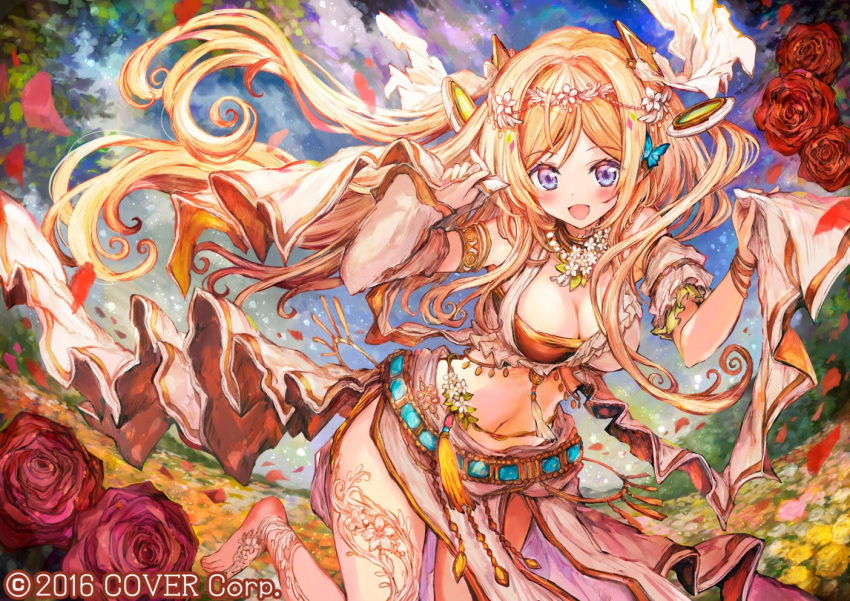 1girl :d aki_rosenthal armlet bandeau bangs bare_legs barefoot barefoot_sandals blonde_hair blush camomi dancing detached_hair detached_sleeves eyebrows_visible_through_hair harem_outfit hololive loincloth long_hair looking_at_viewer midriff navel open_mouth parted_bangs purple_eyes smile solo veil vest virtual_youtuber
