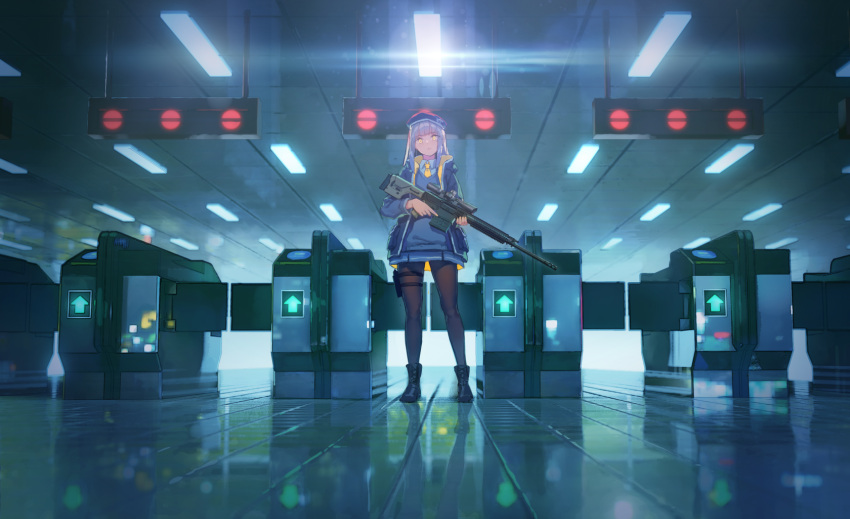 1girl ar-10 bangs battle_rifle beret blunt_bangs boots gun hat highres holster indoors lens_flare long_hair looking_at_viewer looking_down necktie original pantyhose reflection rifle scenery scope sidelocks silver_hair skirt sniper_rifle solo sweater_vest thigh_holster thigh_strap train_station trigger_discipline turnstile weapon yasumo_(kuusouorbital) yellow_eyes