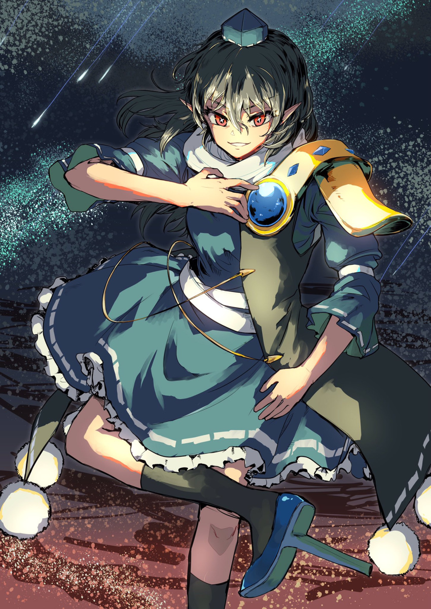 +_+ 1girl :d armor bangs black_footwear black_hair blue_dress blue_footwear blue_headwear dress eyebrows_visible_through_hair falling_star geta hat highres iizunamaru_megumu long_hair looking_at_viewer night night_sky open_mouth pointy_ears pom_pom_(clothes) red_eyes retora shoulder_armor sky smile standing standing_on_one_leg tengu-geta tokin_hat touhou v-shaped_eyebrows