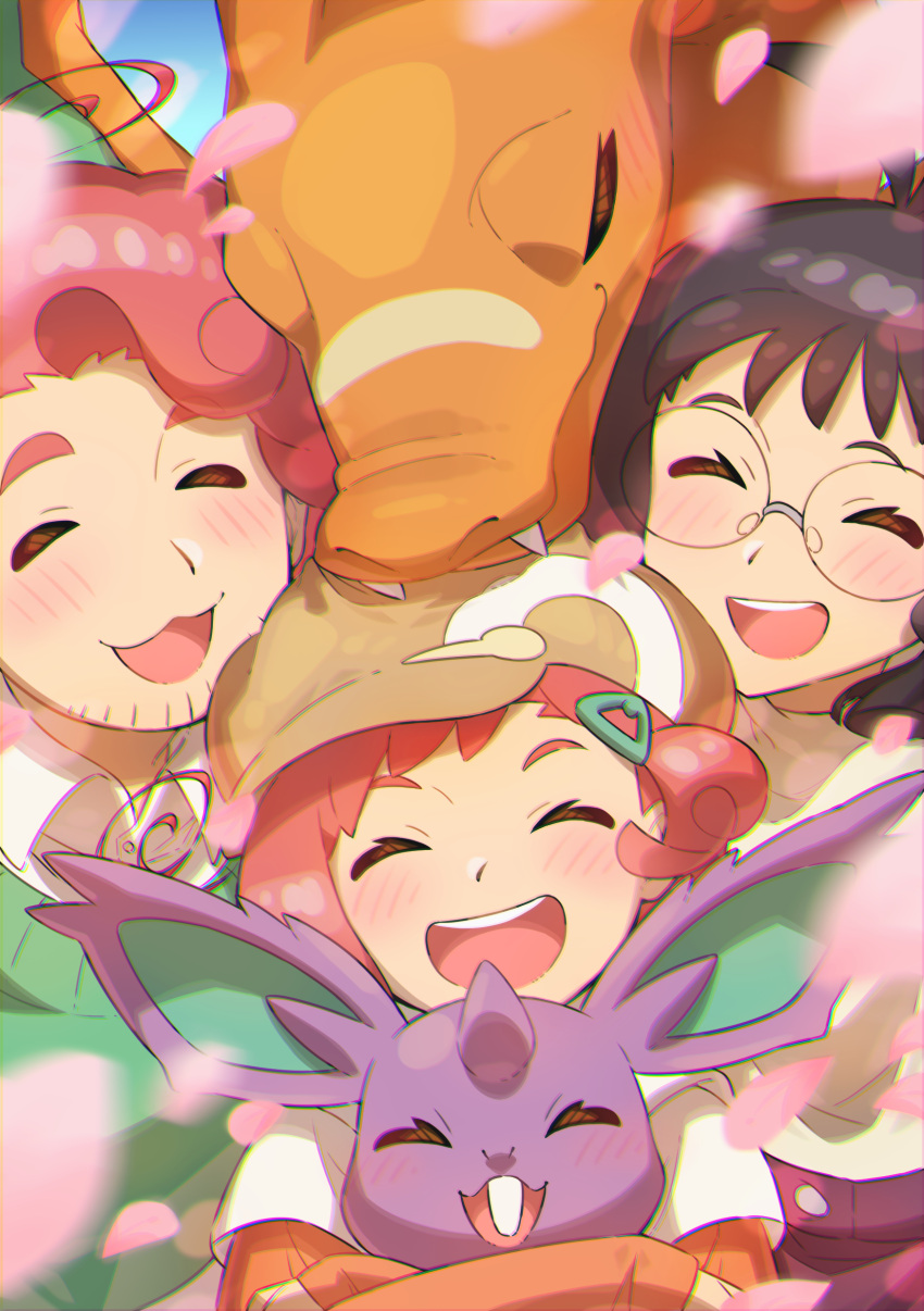 1boy 2girls absurdres bangs blush brown_hair brown_headwear buttons charizard closed_eyes collared_shirt commentary_request facial_hair family gen_1_pokemon glasses green_sweater hair_ornament hairclip hat highres holding holding_pokemon multiple_girls nidoran nidoran_(male) open_mouth pink_hair pokemon pokemon_(anime) pokemon_(creature) poketoon purple_skirt shirt short_hair skirt smile sweater taisa_(lovemokunae) tongue tsubomi's_father_(pokemon) tsubomi's_mother_(pokemon) tsubomi_(pokemon) upper_teeth white_shirt |d