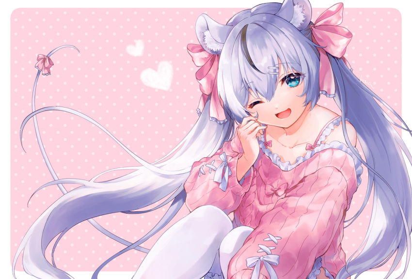 1girl ;d animal_ears bangs bare_shoulders black_hair blue_eyes bow collarbone commission eyebrows_visible_through_hair feet_out_of_frame hair_between_eyes hair_bow hair_ornament hairclip hand_up heart knees_up konayama_kata long_sleeves looking_at_viewer mouse_ears mouse_girl mouse_tail multicolored_hair off-shoulder_sweater off_shoulder one_eye_closed open_mouth original pink_background pink_bow pink_sweater polka_dot polka_dot_background puffy_long_sleeves puffy_sleeves ribbed_sweater silver_hair skeb_commission smile solo streaked_hair sweater tail thighhighs two-tone_background white_background white_legwear