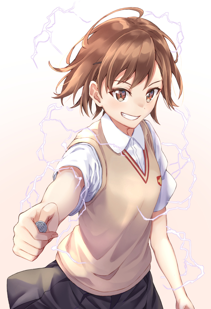 1girl absurdres ahoge bangs biribiri black_skirt brown_background brown_eyes brown_hair collared_vest electricity eyebrows_visible_through_hair gradient gradient_background grin highres holding looking_at_viewer misaka_mikoto school_uniform short_hair short_sleeves simple_background skirt smile sweater_vest toaru_kagaku_no_railgun toaru_majutsu_no_index tokiwadai_school_uniform vest white_background yu_sa1126