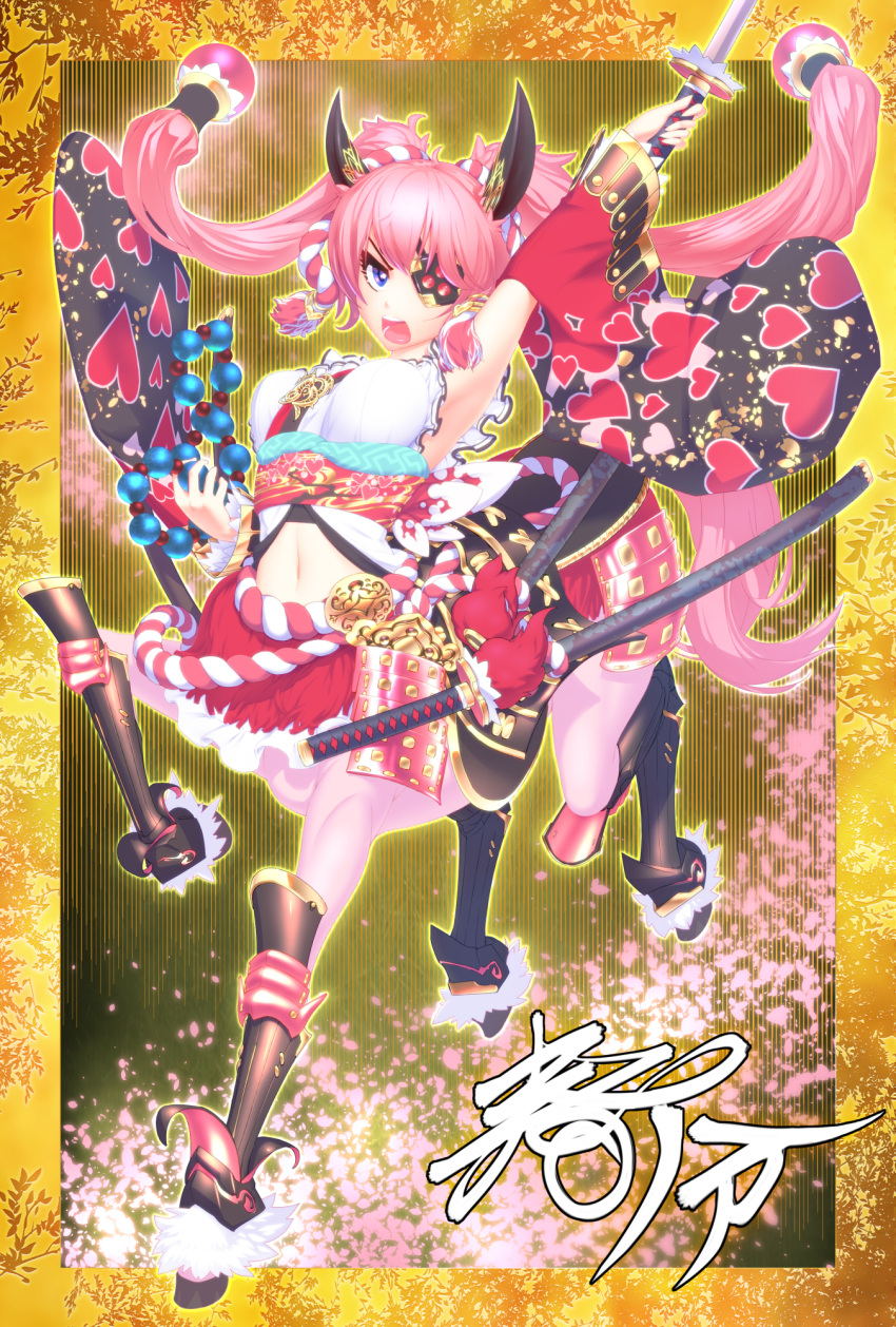 1girl animal_ears arm_up armor armpits bangs bare_shoulders beads black_sleeves blue_eyes breasts centaur chinese_zodiac commentary_request detached_sleeves eyepatch full_body hair_between_eyes heart heart_print highres holding holding_sword holding_weapon horse_ears horse_tail japanese_armor katana kusazuri long_hair looking_at_viewer medium_breasts midriff monster_girl multiple_legs navel nengajou new_year noname_(metaldragonfly) obi open_mouth original pink_hair rope sash sheath sheathed shimenawa shirt sidelocks sleeveless sleeveless_shirt solo standing standing_on_one_leg suneate sword tail taur translation_request twintails unsheathed upper_teeth weapon white_shirt wide_sleeves year_of_the_horse