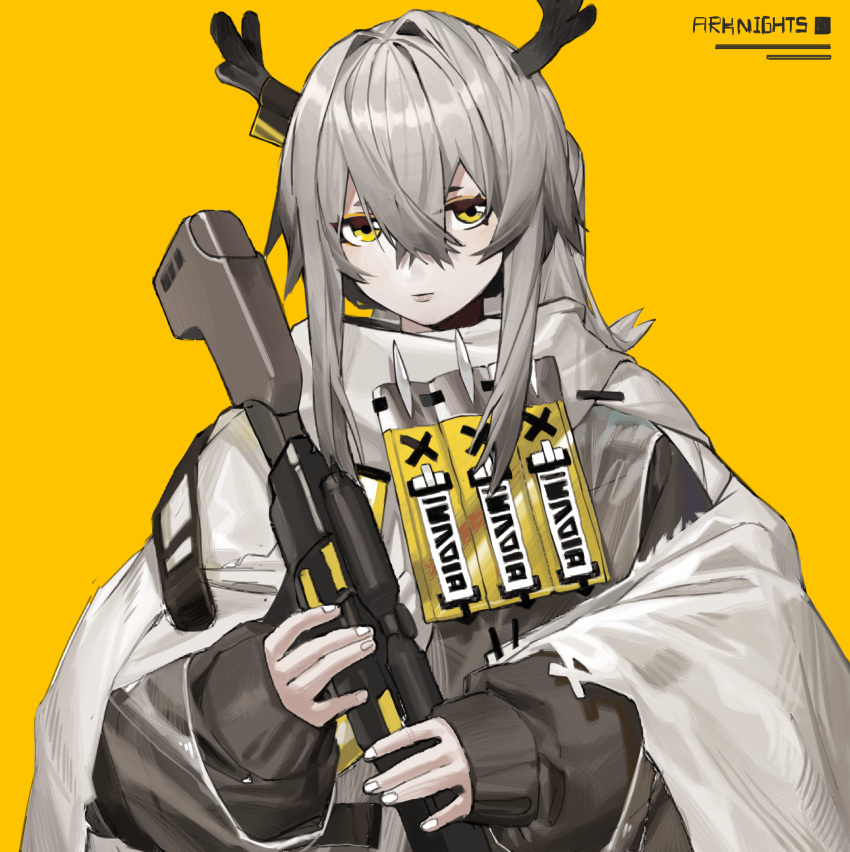 1girl antlers arknights black_sleeves chinese_commentary coat copyright_name firewatch_(arknights) firewatch_(snow_covered)_(arknights) five-fall grey_hair gun hair_between_eyes highres holding holding_weapon long_hair official_alternate_costume reindeer_antlers simple_background solo upper_body weapon white_coat yellow_background yellow_eyes