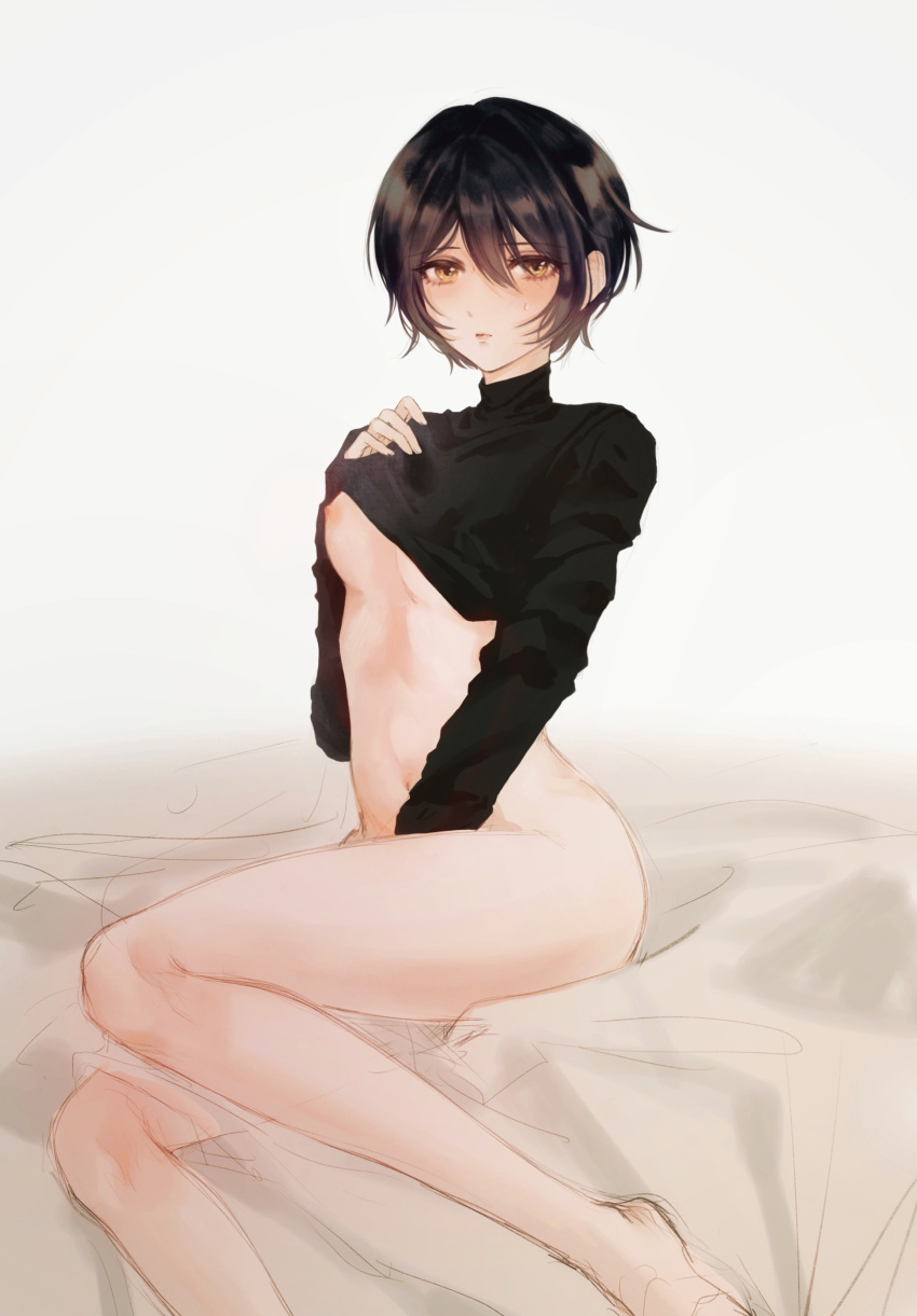 1girl absurdres bare_legs barefoot bed_sheet black_hair black_sweater blush bottomless breasts brown_eyes closed_mouth clothes_lift commentary_request d4dj eyebrows_visible_through_hair full_body giraffe_three hand_up highres long_sleeves looking_at_viewer mixed-language_commentary miyake_aoi navel nipples short_hair sitting sketch small_breasts solo sweat sweater sweater_lift white_background