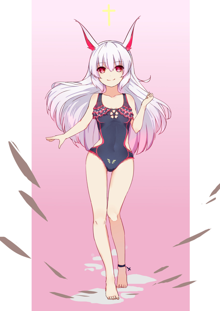 1girl 7t absurdres animal_ears bangs barefoot closed_mouth cross fox_ears full_body hair_between_eyes highres honkai_(series) honkai_impact_3rd long_hair looking_at_viewer one-piece_swimsuit pink_background pink_eyes pink_hair solo standing swimsuit theresa_apocalypse theresa_apocalypse_(sakura_rondo) toes walking white_background