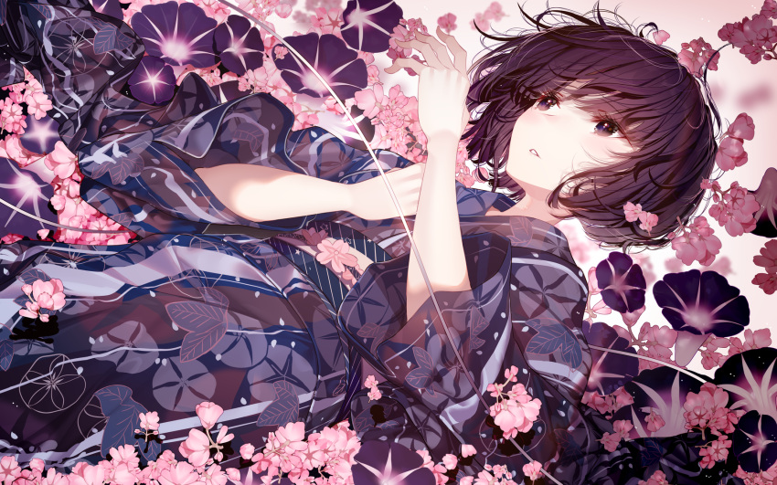 1girl atha_(leejuiping) bangs brown_eyes brown_hair commentary_request eyebrows_visible_through_hair floral_print flower hands_up highres japanese_clothes kimono leaf_print long_sleeves looking_away lying on_back original parted_lips pink_flower print_kimono purple_flower solo wide_sleeves yukata