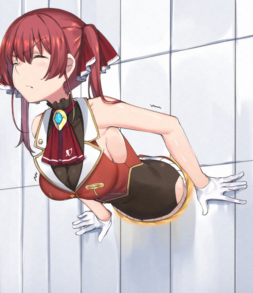 1girl ascot bangs bare_shoulders blush breasts cleavage closed_eyes covered_collarbone eyebrows_visible_through_hair frown gem gloves highres hololive houshou_marine kaname_(melaninusa09) large_breasts long_hair looking_at_viewer pushing red_eyes red_hair ribbon shiny shiny_skin sleeveless solo through_wall trembling twintails virtual_youtuber white_gloves