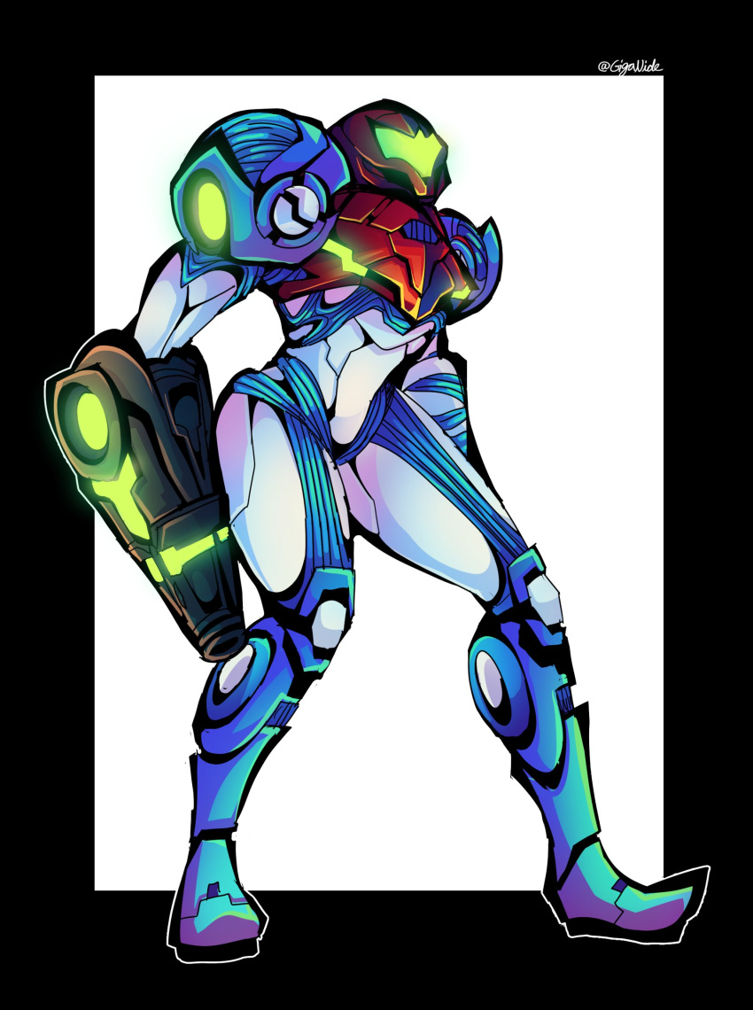 1girl absurdres arm_cannon armor full_body grey_background helmet highres metroid metroid_dread power_armor power_suit samus_aran science_fiction sidelocks simple_background solo superhero_landing varia_suit visor weapon