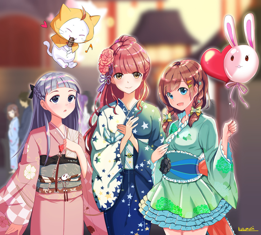 3girls architecture bag balloon bangs black_flower black_rose blue_eyes blue_kimono blunt_bangs blurry blurry_background bow bow_dress braid breasts brown_eyes brown_hair bunny_balloon cat checkered checkered_kimono crossed_arms east_asian_architecture eating festival flower frilled_kimono frills green_kimono grey_eyes grey_hair hair_bow hair_ornament hair_ribbon hairclip half_updo heart_balloon holding holding_bag holding_balloon japanese_clothes kimi_(miracle_nikki) kimono kuzumochi_(kuzumochiya) lolita_fashion lolita_kimono miracle_nikki momo_(miracle_nikki) multiple_girls nikki_(miracle_nikki) obi pink_hair pink_kimono ribbon rose sash short_kimono side_braid silver_hair star_(symbol) star_print thighs twin_braids yoko_(miracle_nikki) yukata