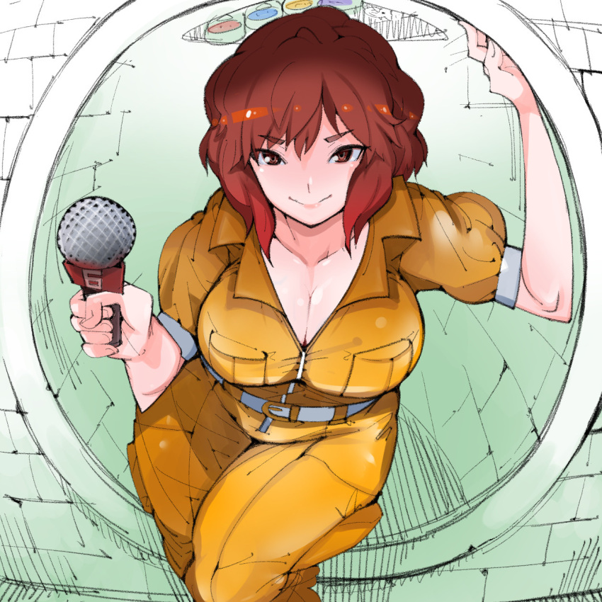 april_o'neil belt breasts brown_eyes brown_hair cleavage closed_mouth collarbone highres holding holding_microphone jumpsuit large_breasts microphone pants reflection reporter sewer shirt short_hair simple_background teenage_mutant_ninja_turtles teriyaki yellow_pants yellow_shirt