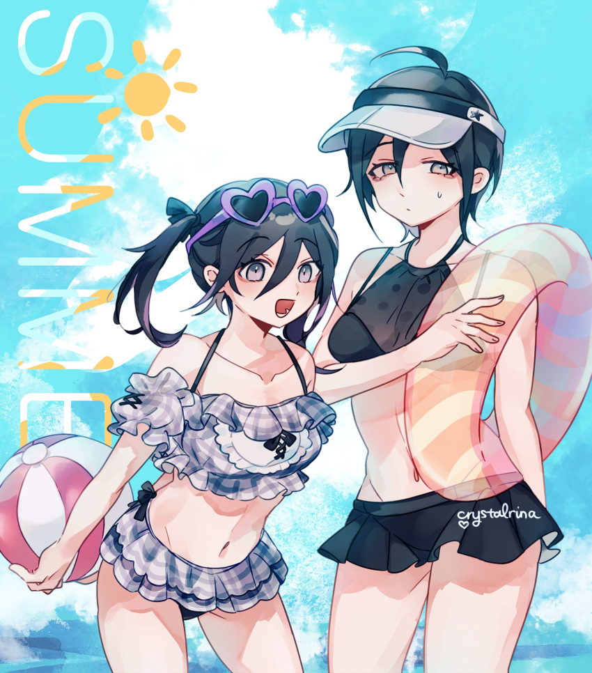 2girls :d ahoge artist_name ball bangs bare_arms bare_shoulders beachball bikini bikini_skirt black_hair black_skirt breasts collarbone cowboy_shot danganronpa_(series) danganronpa_v3:_killing_harmony day eyebrows_visible_through_hair eyewear_on_head genderswap genderswap_(mtf) goggles goggles_on_head grey_eyes hair_between_eyes heart heart-shaped_eyewear highres holding holding_innertube innertube leaning_forward lower_teeth medium_hair multiple_girls navel open_mouth ouma_kokichi plaid plaid_bikini rina_(crystalrina) saihara_shuuichi short_hair skirt small_breasts smile stomach sunglasses swimsuit twintails visor_cap