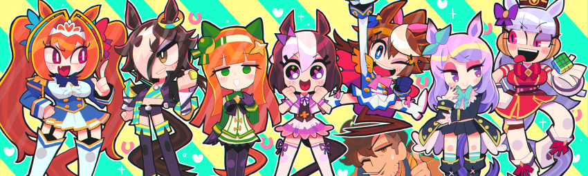 animal_ears anthropomorphism blue_eyes blush boots bow brown_eyes brown_hair daiwa_scarlet fang flat_chest garter garter_belt gashi-gashi gloves gold_ship gray_hair green_eyes group hat headband kneehighs long_hair male mejiro_mcqueen navel orange_hair pantyhose pink_eyes purple_eyes purple_hair short_hair shorts silence_suzuka skirt special_week stockings tail thighhighs tiara tokai_teio trainer_(umamusume) twintails uma_musume:_pretty_derby uniform vodka_(umamusume) wink zettai_ryouiki