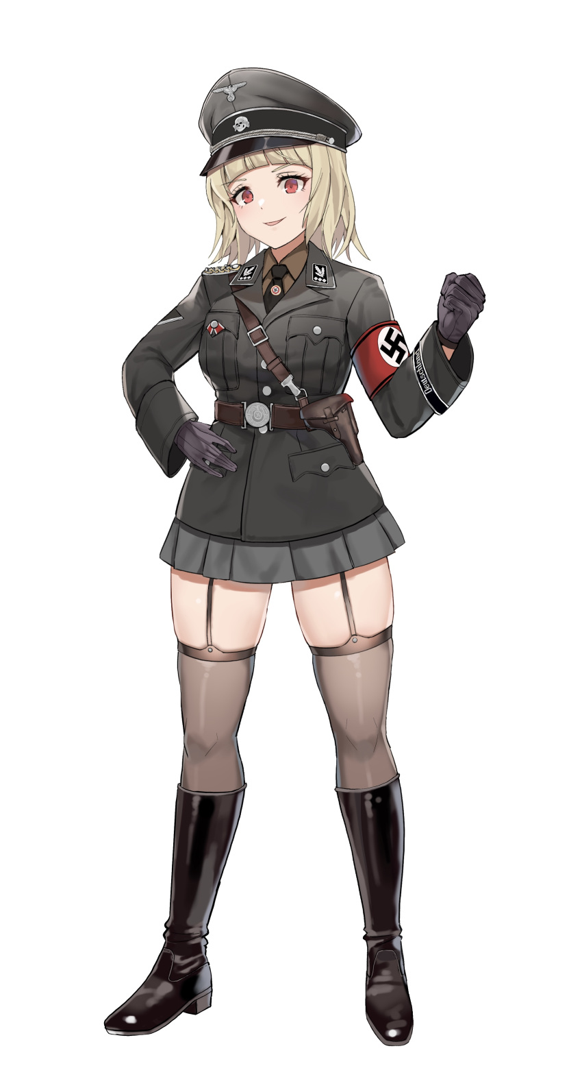 1girl absurdres armband black_footwear black_gloves black_headwear blonde_hair boots commission full_body garter_straps gloves hat highres long_sleeves microskirt military military_uniform nazi original peaked_cap pleated_skirt red_eyes short_hair skindentation skirt solo standing swastika thighhighs thighhighs_under_boots unicron_(brous) uniform world_war_ii