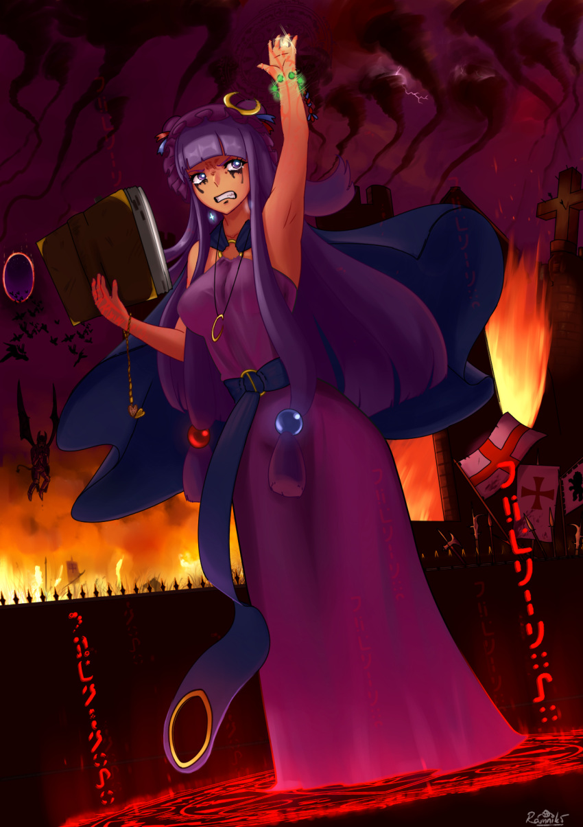 alternate_costume angry armpits beads book breasts cloak crescent crescent_hair_ornament cross demon destruction dress fire flag hair_ornament hand_up highres jewelry lightning long_hair mage magic magic_circle medium_breasts patchouli_knowledge pendant portal_(object) purple_hair ramnik5 red_sky scenery sky tears tornado touhou