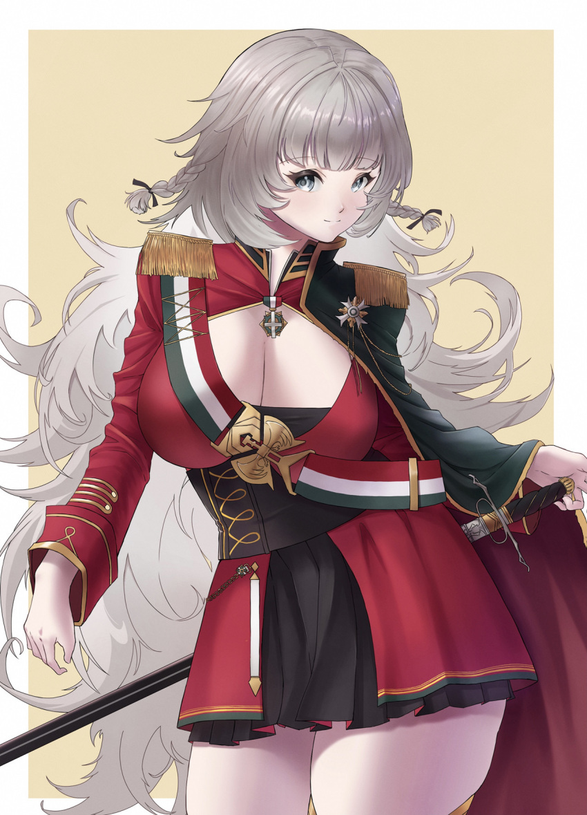 1girl aiguillette azur_lane belt black_belt black_dress braid breasts cape cleavage dress epaulettes gold_trim green_cape hand_on_hilt highres italian_flag jacket large_breasts long_hair looking_at_viewer medal military military_uniform red_cape red_jacket sheath sheathed short_dress shu.mu silver_eyes silver_hair simple_background skindentation sword thighhighs uniform very_long_hair vittorio_veneto_(azur_lane) weapon yellow_background