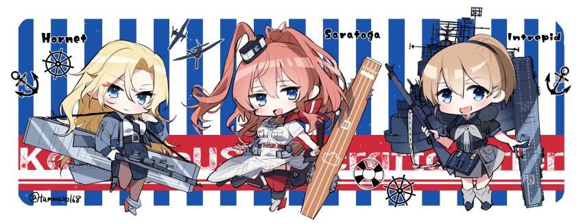 3girls absurdres aircraft airplane battle_effectiveness_award belt belt_buckle black_belt black_legwear black_neckwear black_shirt black_skirt blonde_hair blue_eyes bomber_jacket brown_hair buckle chibi dress dress_shirt flight_deck grey_eyes grey_neckwear gun_case hair_between_eyes highres hornet_(kancolle) intrepid_(kancolle) jacket kantai_collection long_hair m1903_springfield magazine_(weapon) miniskirt multiple_girls neck_pillow neckerchief necktie pantyhose pencil_skirt ponytail red_legwear red_neckwear rigging saratoga_(kancolle) shirt short_hair side_ponytail sidelocks skirt smokestack_hair_ornament thighhighs white_dress white_shirt white_skirt yano_tanimachi