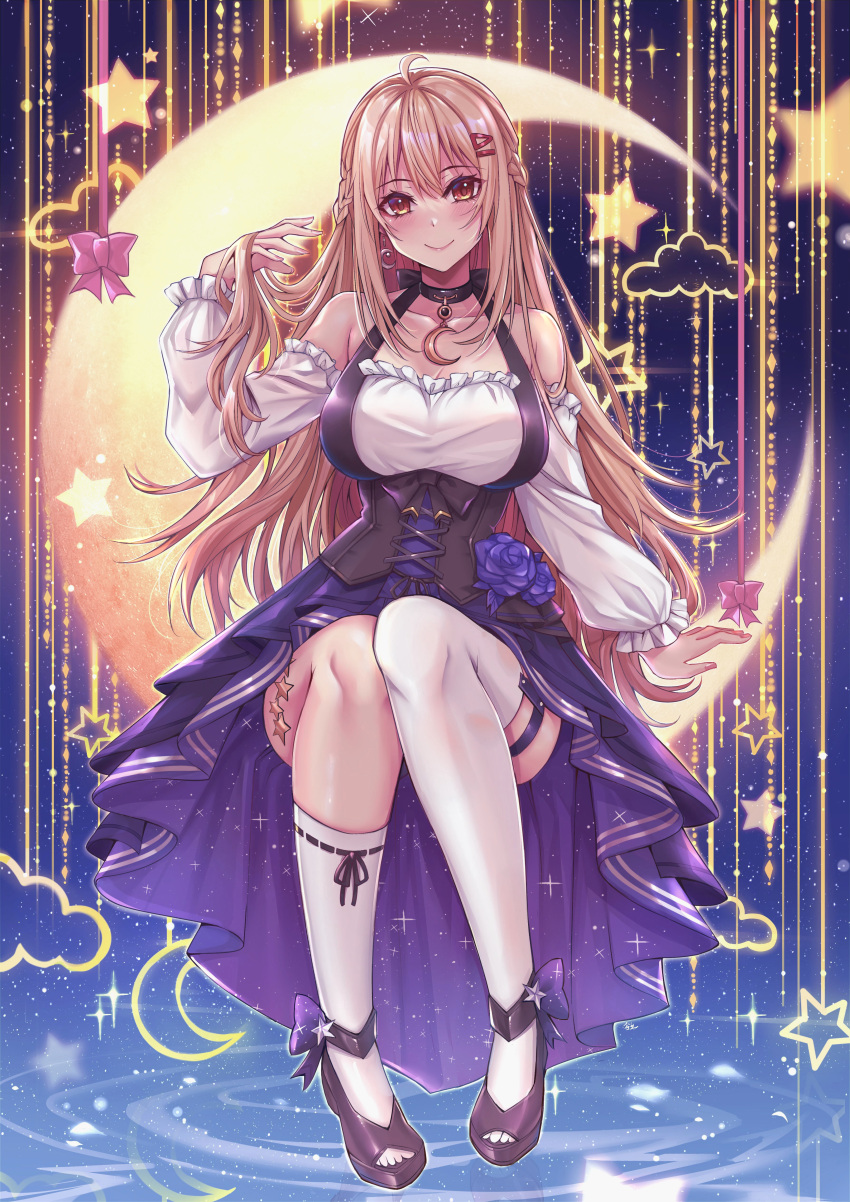 1girl absurdres asymmetrical_legwear bangs blonde_hair blush breasts brown_eyes choker closed_mouth crescent_moon detached_sleeves dress frills full_body gu_li hair_ornament hairclip hand_in_hair highres indie_virtual_youtuber jewelry kneehighs large_breasts long_hair long_sleeves looking_at_viewer moon purple_dress purple_footwear single_thighhigh smile solo star_(symbol) thighhighs virtual_youtuber white_legwear