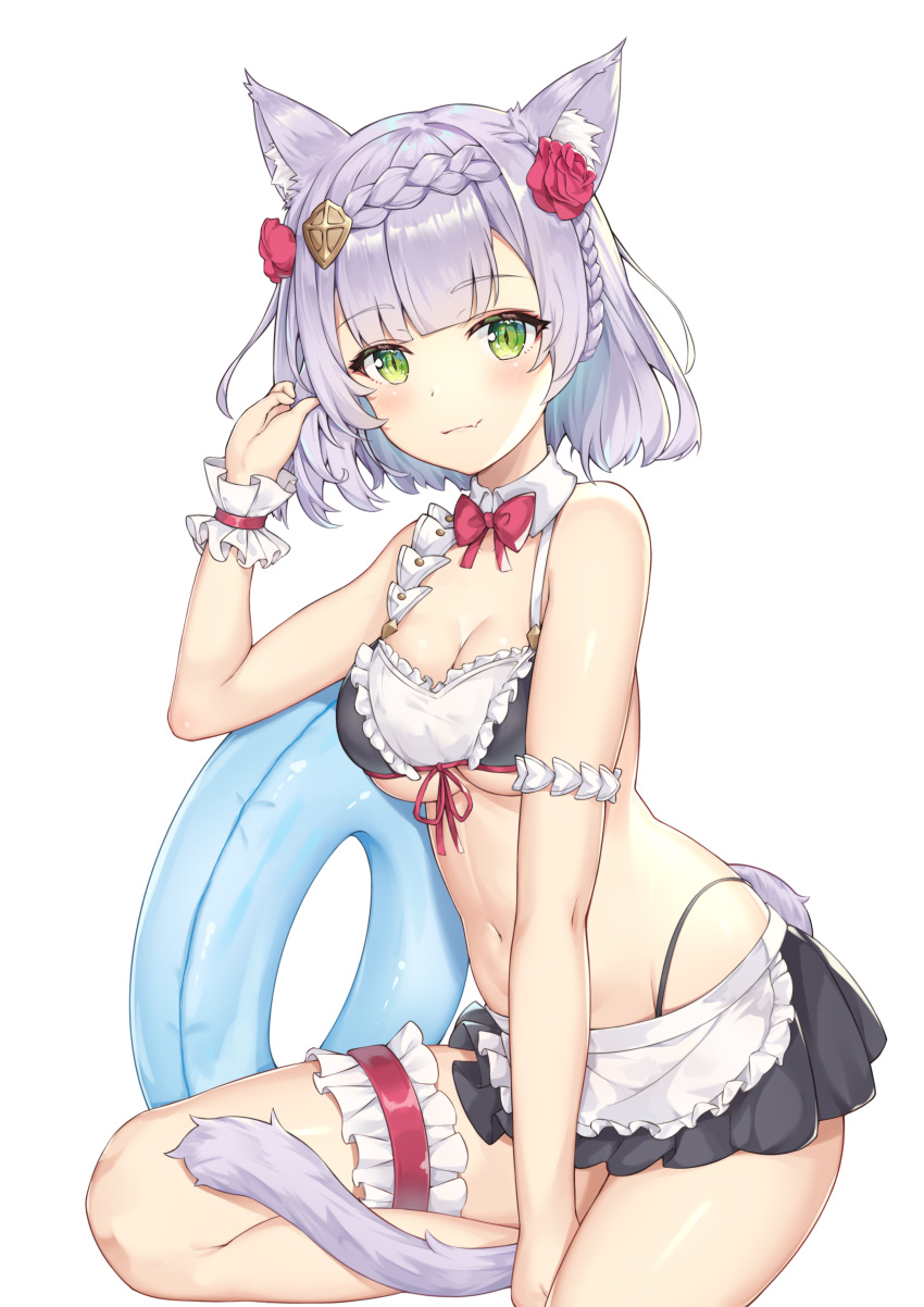 1girl absurdres animal_ears apron bare_shoulders bikini black_skirt bow bowtie braid breasts cat_ears cat_girl cat_tail cleavage detached_collar fang genshin_impact green_eyes groin hand_up highleg highres innertube kemonomimi_mode kuroida leg_garter looking_at_viewer maid_apron maid_bikini medium_breasts microskirt midriff navel noelle_(genshin_impact) pleated_skirt short_hair silver_hair simple_background skirt smile solo stomach string_bikini swimsuit tail thighs underboob waist_apron white_background wrist_cuffs