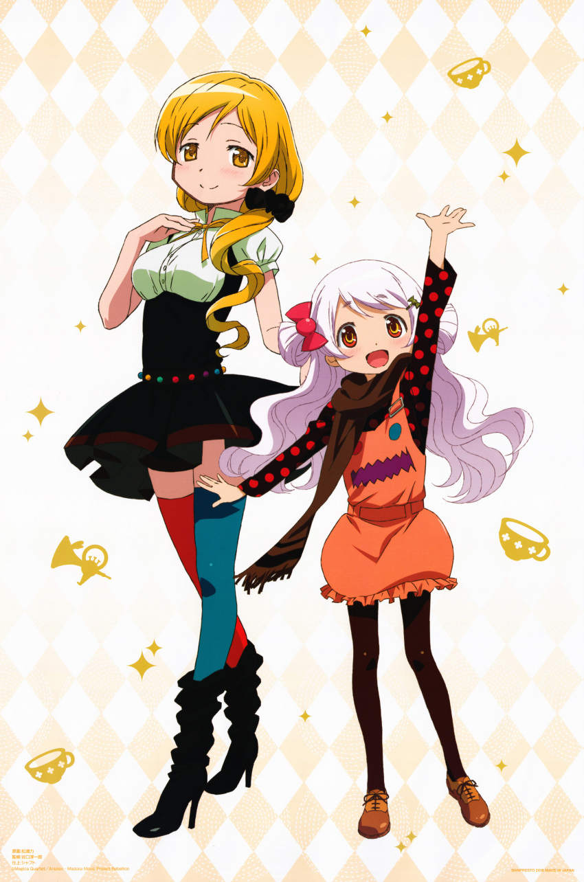2girls absurdres adapted_costume age_difference alternate_costume alternate_hairstyle ankle_boots argyle argyle_background bangs belt black_footwear black_scrunchie black_shirt black_skirt blonde_hair blue_legwear boots breasts brown_footwear brown_legwear brown_scarf bubble_skirt buttons candy_hair_ornament charlotte_(madoka_magica) child closed_mouth crossed_ankles cup curly_hair dot_nose double_bun eyebrows_visible_through_hair food-themed_hair_ornament framed_breasts frilled_skirt frills fringe_trim full_body hair_ornament hairclip halftone halftone_background hand_on_own_chest hand_up height_difference high-waist_skirt high_collar high_heel_boots high_heels highres instrument large_breasts light_blush light_smile long_hair long_sleeves looking_at_viewer low_ponytail mahou_shoujo_madoka_magica mahou_shoujo_madoka_magica_movie mismatched_legwear momoe_nagisa multicolored multicolored_eyes multiple_girls neck_ribbon official_art orange_belt orange_eyes orange_skirt overall_skirt overalls oxfords pantyhose parted_bangs polka_dot polka_dot_shirt pom_pom_(clothes) puffy_short_sleeves puffy_sleeves red_legwear ribbon ringed_eyes scarf scrunchie shiny shiny_hair shirt shoes short_sleeves side-by-side side_ponytail simple_background skirt sparkle sparkle_background standing teacup thighhighs tomoe_mami trumpet two-tone_background underbust white_background white_hair white_shirt yellow_background yellow_eyes yellow_ribbon zettai_ryouiki