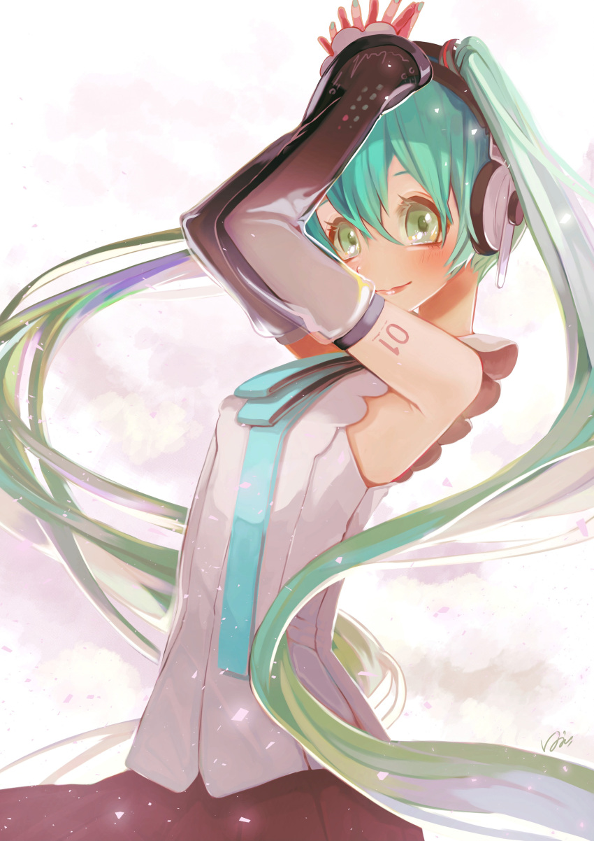 1girl absurdres aqua_eyes aqua_hair aqua_nails aqua_neckwear arms_up bare_shoulders black_skirt black_sleeves commentary confetti detached_sleeves from_side glowing hair_ornament hands_together hatsune_miku hatsune_miku_(nt) headphones highres layered_sleeves lips long_hair looking_at_viewer nail_polish neck_ribbon piapro ribbon see-through_sleeves shirt shoulder_tattoo signature skirt sleeveless sleeveless_shirt smile solo sotohane_haruko tattoo twintails upper_body very_long_hair vocaloid white_shirt white_sleeves