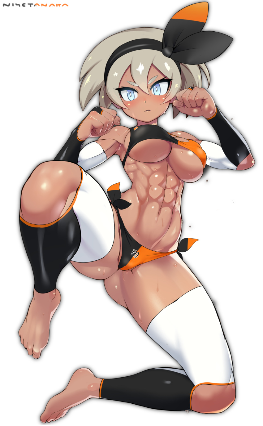 1girl abs adapted_costume artist_name ass_visible_through_thighs bare_shoulders barefoot bea_(pokemon) bikini black_hairband blue_eyes bow_hairband breasts bridal_gauntlets bright_pupils clenched_hands closed_mouth covered_nipples fingernails full_body grey_hair gym_leader hair_between_eyes hairband hands_up highres knee_up leggings looking_at_viewer medium_breasts medium_hair navel nisetanaka partially_visible_vulva pokemon pokemon_(game) pokemon_swsh serious shiny shiny_hair shiny_skin side-tie_bikini side-tie_bottom simple_background skindentation solo spread_legs stomach sweat swimsuit tan toes toned underboob watermark white_background white_pupils