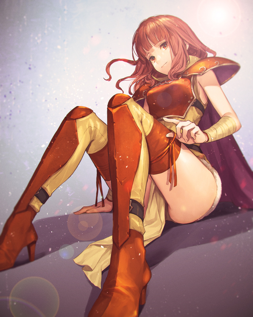 arm_support armlet armor bangs blunt_bangs blur breastplate cape celica_(fire_emblem) commentary_request fire_emblem fire_emblem_echoes:_shadows_of_valentia fire_emblem_gaiden furikawa_arika gradient gradient_background hand_on_floor head_tilt high_heels highres leg_armor leg_ribbon lens_flare light_particles long_hair looking_at_viewer on_floor red_armor red_cape red_eyes red_footwear red_hair red_legwear red_ribbon ribbon shoulder_armor sidelocks simple_background sitting strap thighhighs tunic zettai_ryouiki