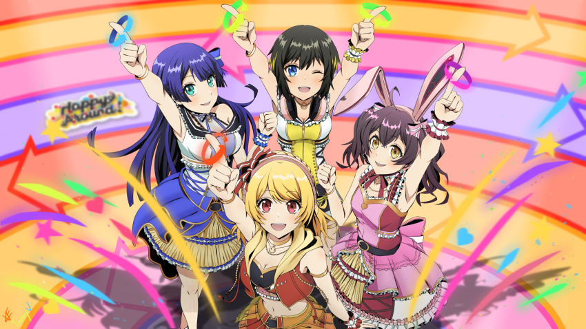 4girls :d ;d ahoge aimoto_rinku akashi_maho aqua_eyes arm_up armlet armpit_crease armpits arms_up arrow_(symbol) awesumusprime bandeau bangs bare_shoulders belt black_bandeau black_belt black_hair black_shorts blonde_hair blue_bow blue_hair blue_shirt blue_skirt blunt_bangs blush bow bracelet braid breasts bunny_ear_headphones choker cleavage commentary cowboy_shot d4dj drawstring dress eyebrows_visible_through_hair french_braid frilled_skirt frills group_name group_picture hair_between_eyes hair_bow headphones headphones_around_neck highres hood hooded_vest hoodie index_finger_raised index_fingers_raised jewelry large_breasts long_hair looking_at_viewer medium_breasts midriff multicolored_hair multiple_girls navel neck_ribbon necklace ohnaruto_muni one_eye_closed open_clothes open_mouth open_vest pink_dress pleated_skirt purple_hair red_eyes red_skirt red_vest ribbon shadow shirt short_hair shorts sidelocks signature skirt sleeveless sleeveless_dress sleeveless_shirt smile stage standing streaked_hair togetsu_rei two-tone_hair two-tone_shirt upper_teeth vest white_shirt wrist_cuffs yellow_choker yellow_eyes yellow_shirt