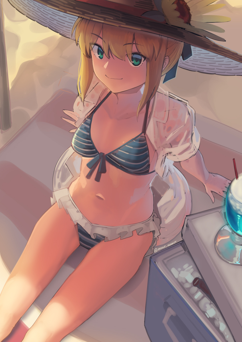1girl artoria_pendragon_(all) bikini blonde_hair boa_(brianoa) breasts collared_shirt cooler cowboy_shot drink fate/stay_night fate_(series) front-tie_top green_eyes hat highres ice ice_cube long_hair navel open_clothes open_shirt saber shade shirt sidelocks sitting small_breasts smile solo straw_hat striped striped_bikini sun_hat swimsuit