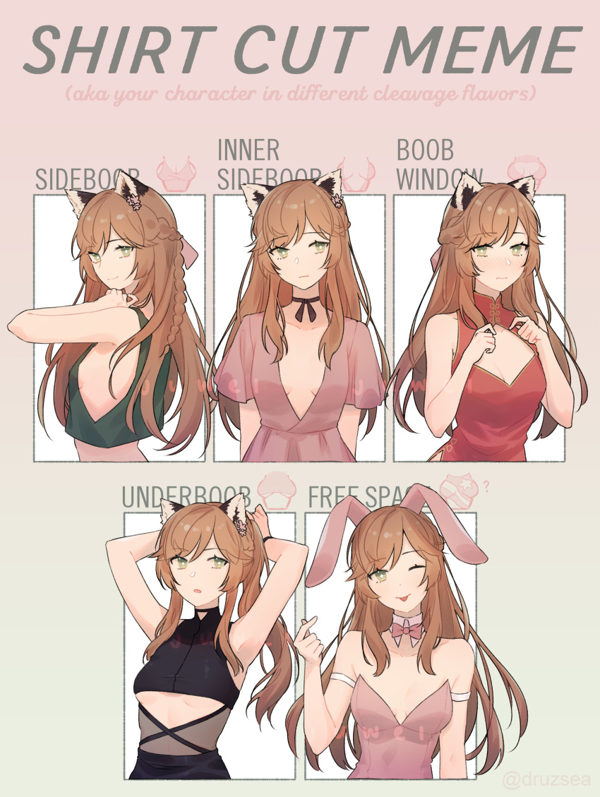 1girl absurdres animal_ears armband arms_up blouse blush bow braid breasts brown_hair bunny_ears china_dress chinese_clothes choker cleavage cleavage_cutout clothing_cutout crop_top detached_collar dress fake_animal_ears finger_heart green_eyes half_updo highres indie_virtual_youtuber juwei juwei_(vtuber) long_hair looking_at_viewer looking_back one_eye_closed parted_lips playboy_bunny ponytail raccoon_girl raccoon_tail ribbon_choker shirt_cut_meme side_slit sideboob small_breasts smile solo tail tongue tongue_out underboob wing_collar