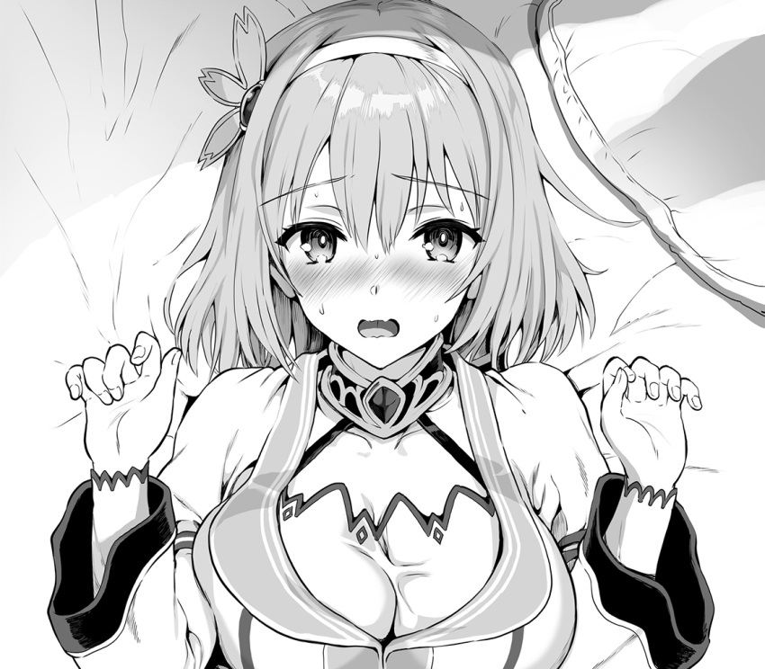 1girl blush breasts cleavage fingernails greyscale hair_ornament hairband hands_up kojima_saya large_breasts long_sleeves looking_at_viewer lying medium_hair monochrome nose_blush on_back open_mouth pillow princess_connect! solo sweat upper_body wide-eyed yui_(princess_connect!)