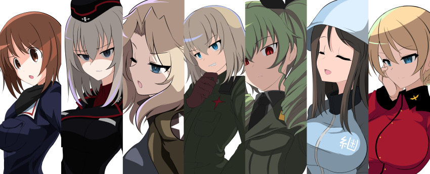 6+girls absurdres aikir_(jml5160) anchovy_(girls_und_panzer) anzio_military_uniform bangs black_gloves black_headwear black_jacket black_neckwear black_ribbon black_shirt blonde_hair blue_eyes blue_headwear blue_jacket brown_eyes brown_hair brown_jacket chin_grab closed_eyes closed_mouth column_lineup commentary darjeeling_(girls_und_panzer) disgaea disgaea_team_attack dress_shirt drill_hair emblem eyebrows_visible_through_hair frown garrison_cap girls_und_panzer glaring gloves green_hair green_jumpsuit grey_jacket hair_intakes hair_ribbon half-closed_eye half-closed_eyes hand_on_own_face hand_on_own_throat hat highres insignia itsumi_erika jacket jumpsuit katyusha_(girls_und_panzer) kay_(girls_und_panzer) keizoku_military_uniform kuromorimine_military_uniform long_hair long_sleeves looking_to_the_side medium_hair mika_(girls_und_panzer) military military_hat military_uniform multiple_girls necktie nishizumi_miho one_eye_closed ooarai_military_uniform open_clothes open_jacket open_mouth parody pravda_military_uniform raglan_sleeves red_eyes red_jacket red_shirt ribbon saunders_military_uniform shirt short_hair silver_hair slit_pupils smile smirk st._gloriana's_military_uniform star_(symbol) throat_microphone track_jacket trait_connection tulip_hat twin_drills twintails uniform wing_collar