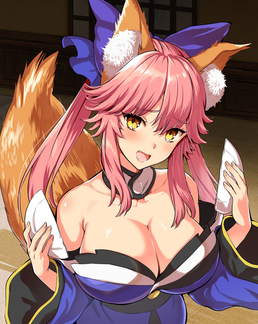 1girl :d animal_ear_fluff animal_ears blush bow breasts broken broken_plate cleavage detached_collar fang fate/extra fate_(series) fox_ears fox_tail hair_bow highres holding japanese_clothes kimono kojima_saya large_breasts long_hair long_sleeves looking_at_viewer open_mouth pink_hair purple_bow purple_kimono smile solo tail tamamo_(fate)_(all) tamamo_no_mae_(fate) twintails wide_sleeves yellow_eyes