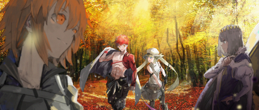 2boys 2girls absurdres artoria_pendragon_(all) artoria_pendragon_(caster)_(fate) autumn_leaves blonde_hair blue_eyes cape commentary_request crown emiya_shirou fate/grand_order fate_(series) forest fujimaru_ritsuka_(female) fur-trimmed_cape fur_trim gyoukan_(jfxc) hat highres holding igote light_rays limited/zero_over multiple_boys multiple_girls nature oberon_(fate) orange_eyes orange_hair puffy_sleeves red_hair robe sengo_muramasa_(fate) smile sunlight tree tree_shade white_hair wristband