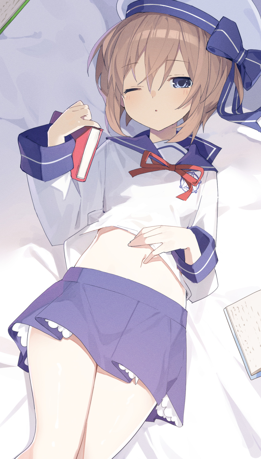 1girl alternate_costume blanc blue_eyes book brown_hair buran_buta flat_chest hair_between_eyes hat highres holding holding_book looking_at_viewer lying navel neptune_(series) on_back on_bed one_eye_closed pleated_skirt sailor_collar short_hair skirt solo