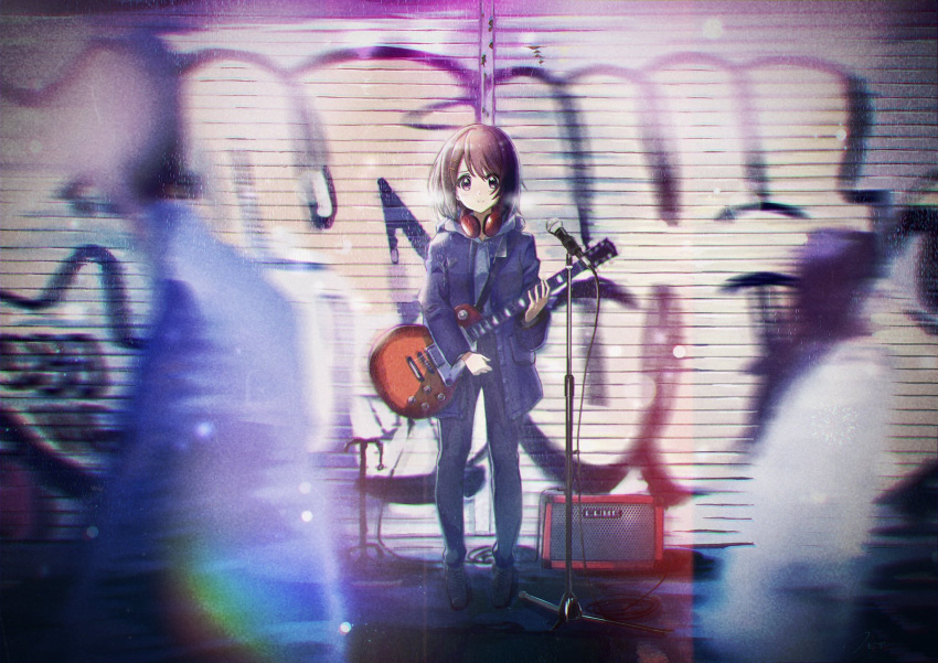 1girl amplifier_(instrument) bangs black_footwear blurry blurry_foreground brown_eyes brown_hair chromatic_aberration closed_mouth clothing_request commentary_request electric_guitar eyebrows_visible_through_hair full_body graffiti guitar hair_ornament hairclip headphones headphones_around_neck highres hirasawa_yui holding holding_instrument instrument jacket k-on! lens_flare light_blush light_smile looking_at_viewer medium_hair microphone microphone_stand motion_blur outdoors short_hair solo_focus standing verse