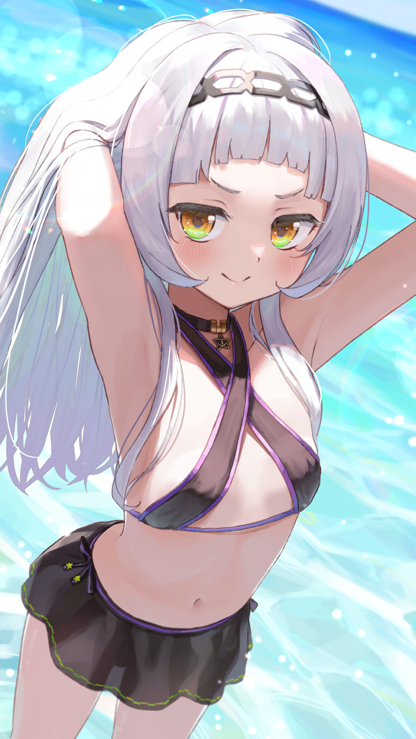 1girl absurdres armpits arms_up bangs bikini blunt_bangs blush bow choker collarbone hair_down hairband headband highres hiraki_noboru hololive long_hair looking_at_viewer microskirt murasaki_shion navel ocean short_eyebrows side-tie_bikini silver_hair skirt smile solo swimsuit virtual_youtuber yellow_eyes