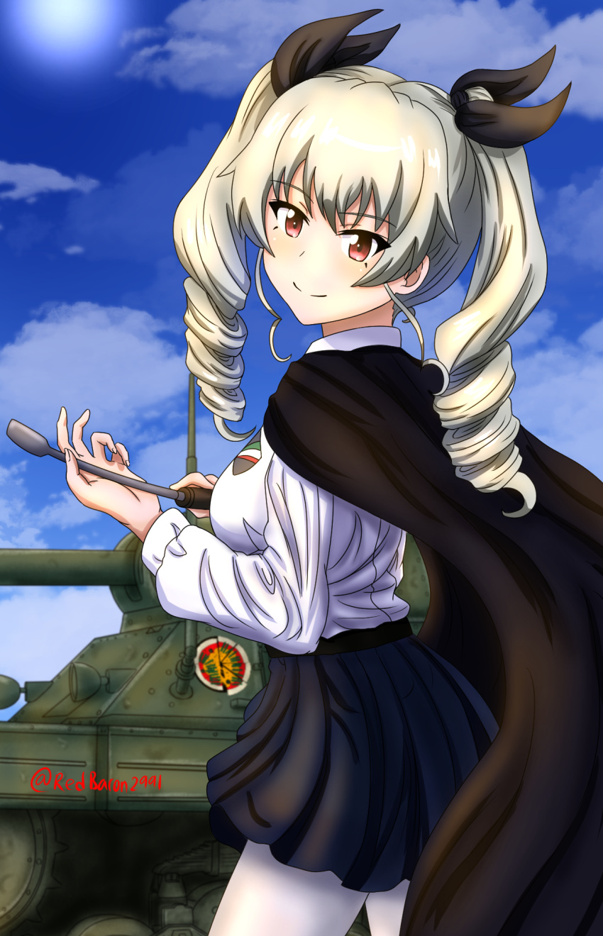 1girl anchovy_(girls_und_panzer) anzio_school_uniform breasts cape carro_armato_p40 caterpillar_tracks cloud commentary_request day girls_und_panzer green_hair ground_vehicle highres long_hair military military_vehicle motor_vehicle red_eyes redbaron school_uniform shirt signature skirt sky smile solo sun tank thighhighs white_legwear