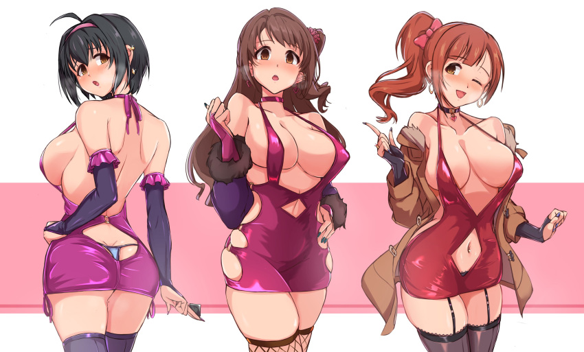 3girls :o ;d ahoge ass ass_cutout asymmetrical_bangs backless_dress backless_outfit bangs bare_shoulders between_fingers black_hair black_legwear blush bow breasts bridal_gauntlets brown_coat brown_eyes brown_hair character_request choker cleavage clothing_cutout coat collarbone commentary_request condom cowboy_shot dress ear_piercing earrings fingernails fishnet_legwear fishnets fur-trimmed_sleeves fur_trim garter_straps glint green_nails hair_bow hairband halter_dress halterneck hand_on_hip heart heart_collar heart_earrings heavy_breathing highres idolmaster idolmaster_cinderella_girls igarashi_kyoko index_finger_raised jewelry kohinata_miho large_breasts long_fingernails long_hair long_sleeves looking_at_viewer looking_back multiple_girls nail_polish navel navel_cutout o-ring_dress off_shoulder one_eye_closed one_side_up open_clothes open_coat open_mouth orange_hair piercing pink_bow pink_check_school_(idolmaster) pink_choker pink_dress purple_dress purple_hairband purple_legwear purple_nails red_dress shimamura_uzuki short_hair side_ponytail sideboob skindentation sleeveless sleeveless_dress smile strap_gap thighhighs two-tone_background twogie zettai_ryouiki