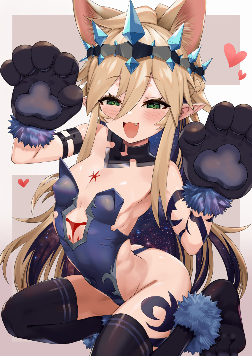 1girl :d absurdres animal_ears black_gloves black_legwear blonde_hair cat_ears chest_tattoo commentary_request eyebrows_visible_through_hair fang flat_chest fur-trimmed_gloves fur_trim gloves green_eyes hair_between_eyes heart highres long_hair looking_at_viewer open_mouth original paw_gloves paws pointy_ears sakurai_energy sitting smile solo stomach_tattoo tattoo thighhighs very_long_hair vivi_(ac8231) wariza
